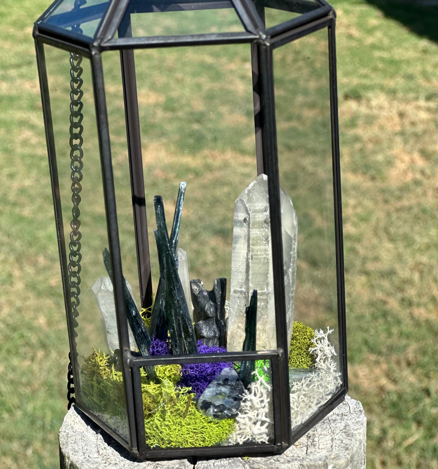 Vivianite, Quartz, Indian Moonstone terrarium