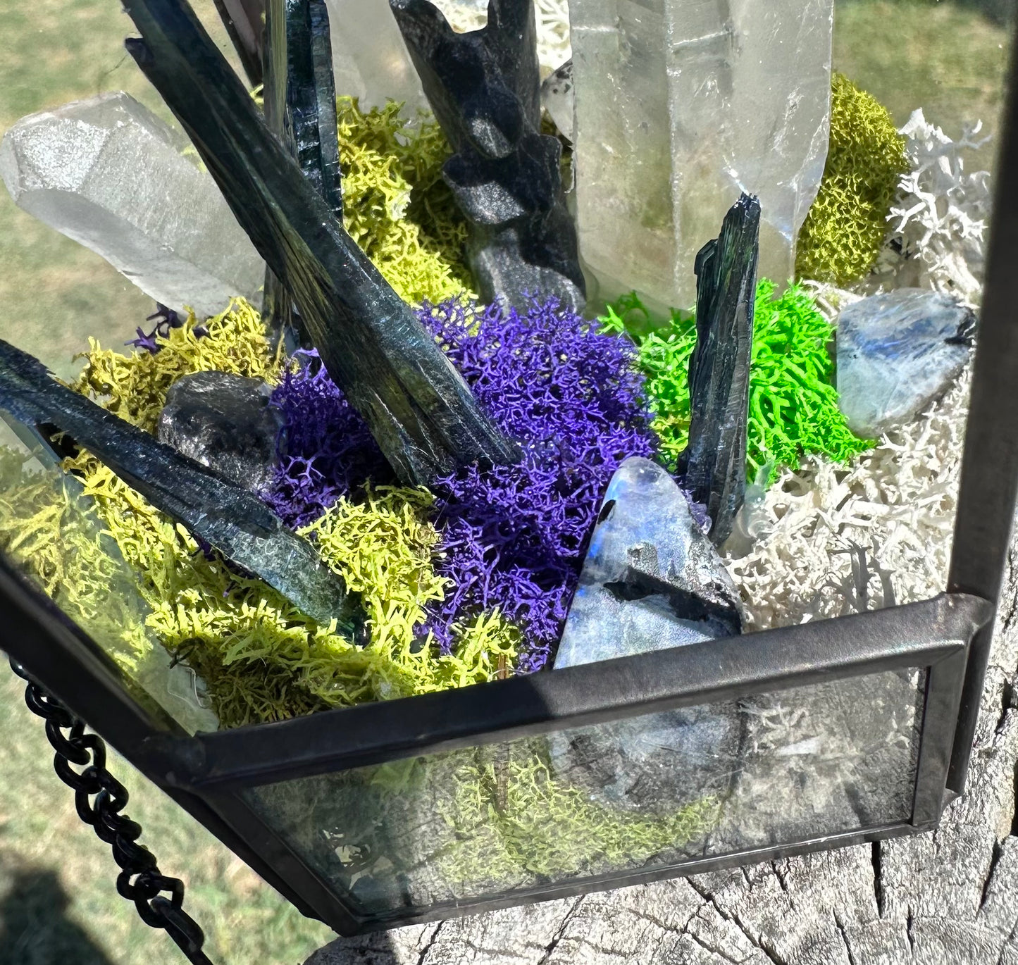 Vivianite, Quartz, Indian Moonstone terrarium