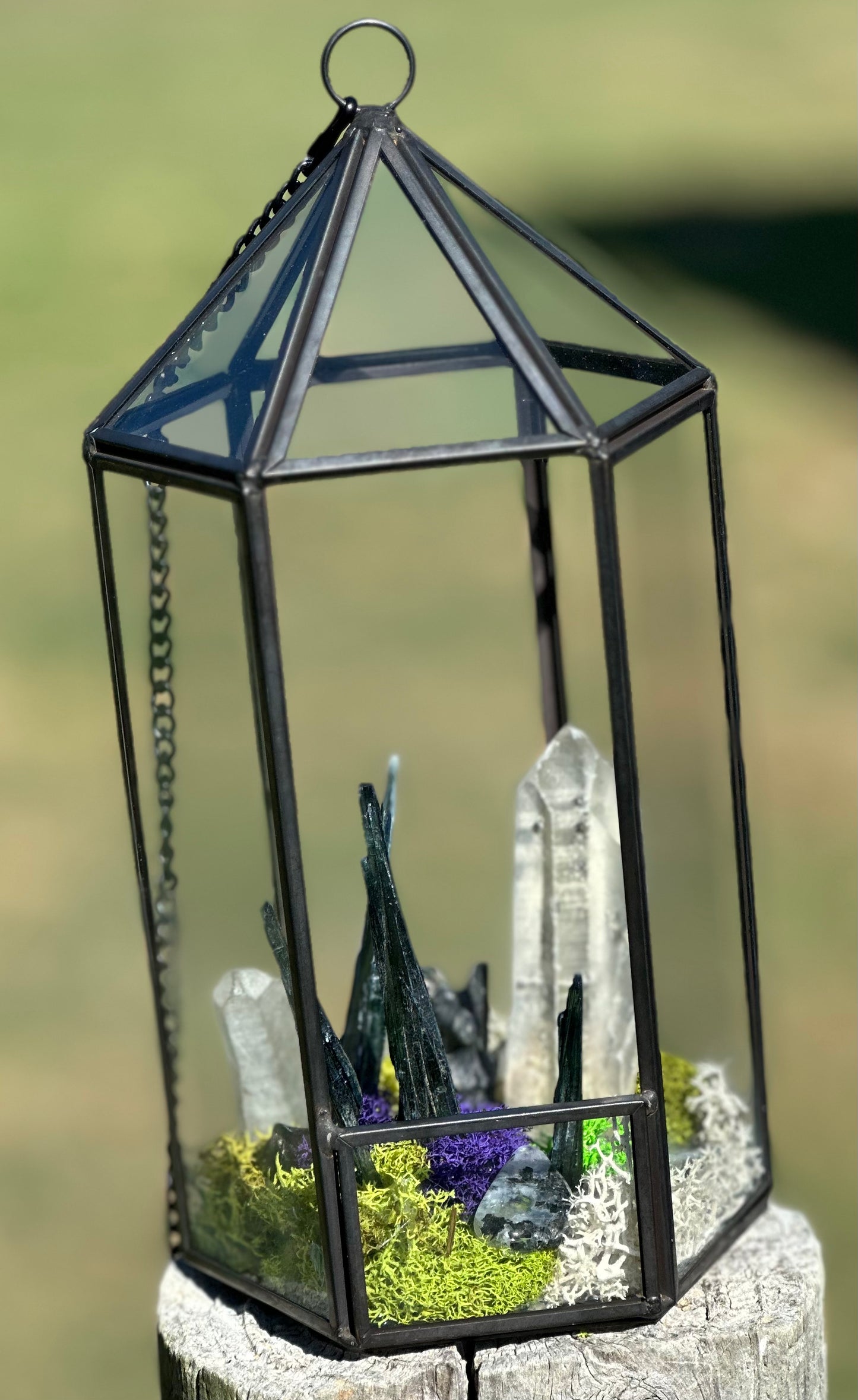 Vivianite, Quartz, Indian Moonstone terrarium