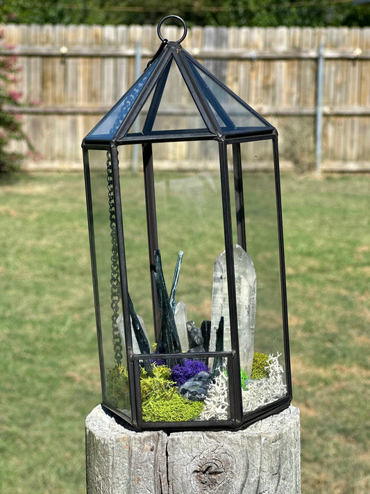 Vivianite, Quartz, Indian Moonstone terrarium